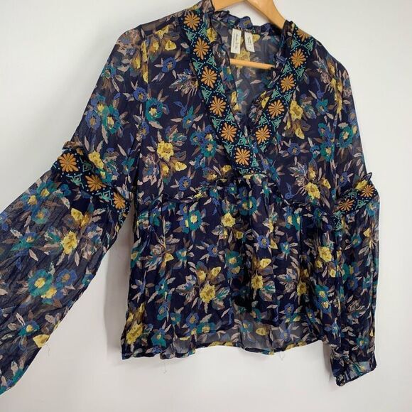 MEADOW RUE anthropologie sheer top long sleeve blue sz xs - Picture 5 of 9